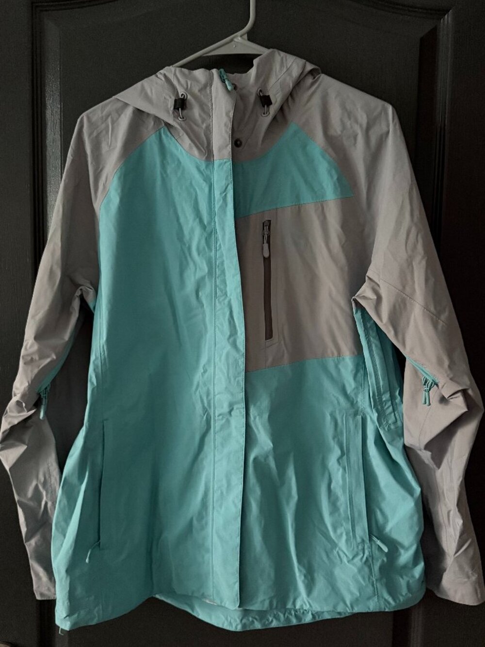 Women's LLBean Blue and Grey Color Block Raincoat - Large